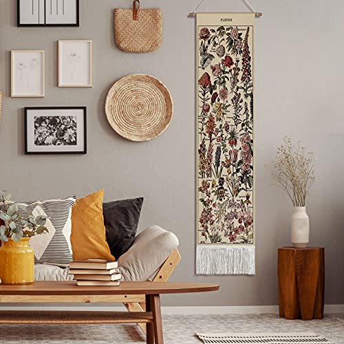 Vintage Botanical Vertical Wall Tapestry with Wooden Rod - 52" x 13"
