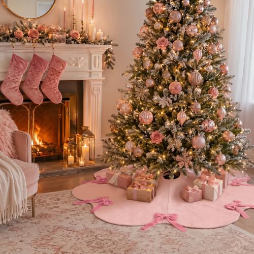 Syhood 30 Inch Pink Velvet Christmas Tree Skirt with Scalloped Edge & Bow (Pink, 30 Inch)