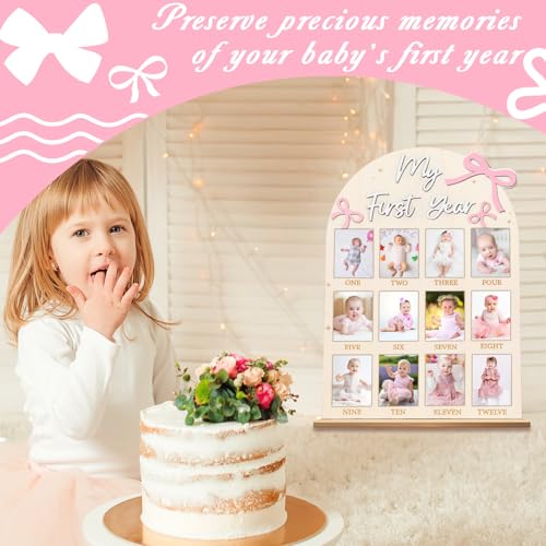 Pink Bow Baby First Year Photo Board - 12 Monthly Milestone Wooden Frame