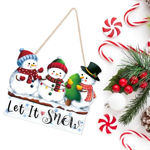 Let It Snow Three Snowmen Wall Sign Xmas Lets Snow - Rustic Winter Welcome Door Decor