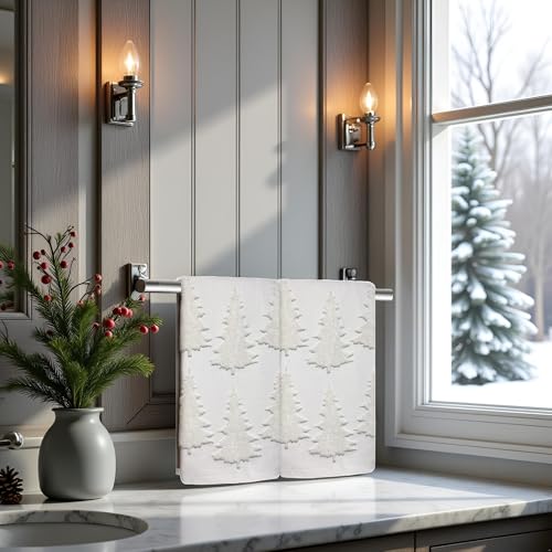Xkdamai 2 Pack Beige Christmas Tree Hand Towels 100% Cotton Jacquard Holiday Kitchen & Bathroom Decor