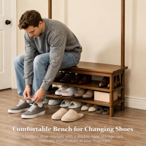 Solid Wood Hall Tree with Bench and Shoe Rack, 11-Hook Entryway Organizer