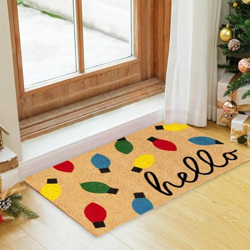 Christmas Coir Doormat with Colorful Xmas Light Bulbs - Indoor Outdoor Entrance Rug, 16.5 x 29 inches