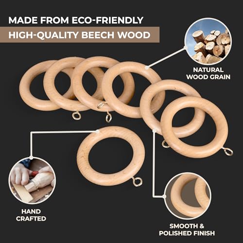 Inanosa 1.75 Inch Inner Beechwood Curtain Rings with Rust-Free Hooks – Pack of 24