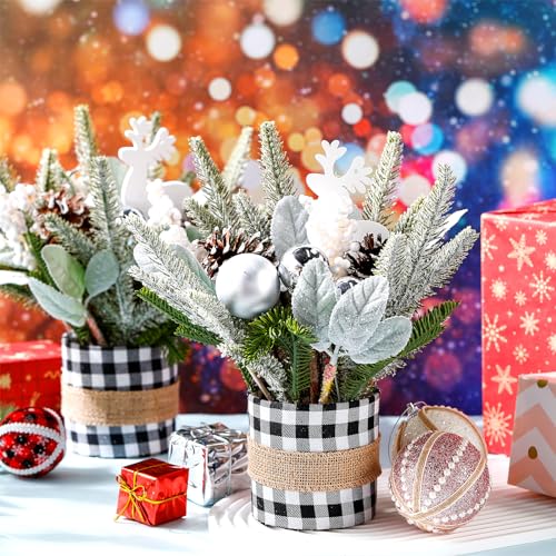 Buffalo Plaid 2-Piece Mini Christmas Tabletop Trees, 10.24in – Black & White Holiday Decor
