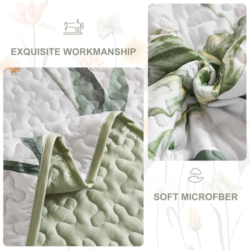 Sage Green Floral Quilt Set - Full Size 3-Piece Bedspread Coverlet Set