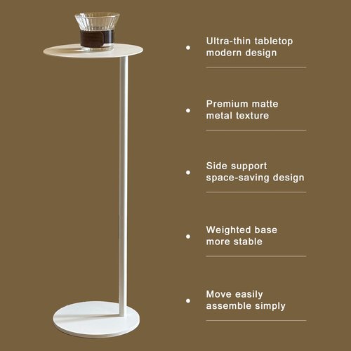 RhymiDot Premium Round Small Pedestal Side Table, C Shaped End Table, Mini Drink Table with Upgraded Weighted Metal Base, for Livingroom, Bedroom, Bathroom, Balcony, Small Spaces (White)