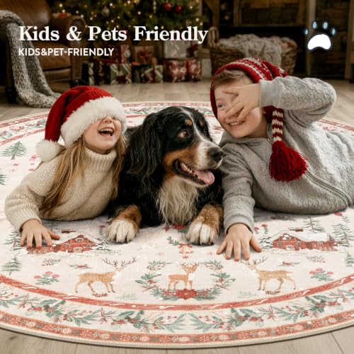 Lahome 4ft Round Christmas Rug - Reindeer Sleigh Design, Beige