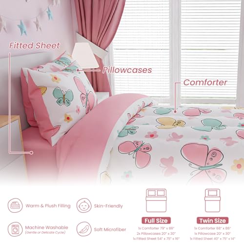 Butterfly Twin Bedding Set for Girls, 3-Piece Ultra Soft Microfiber Comforter