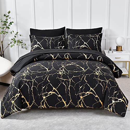 Gold Metallic Marble Comforter Set Queen Size - 7 Piece Bedding Set