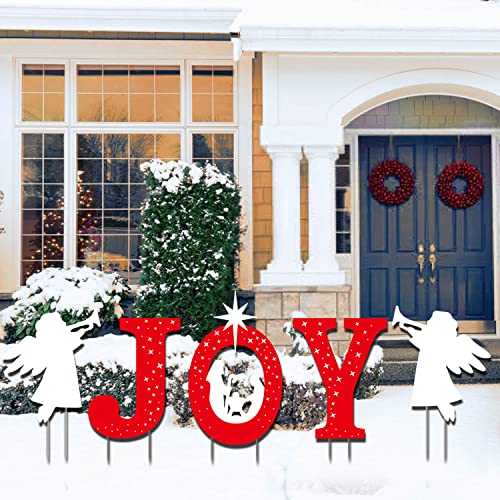 Mishunyus JOY Nativity Yard Signs - Red & White Outdoor Christmas Decor with Stakes (5 pcs)