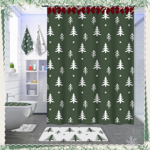 Vesici Xmas Tree Shower Curtain Set - 7 Pcs Waterproof Bath Ensemble with 12 Velvet Bows