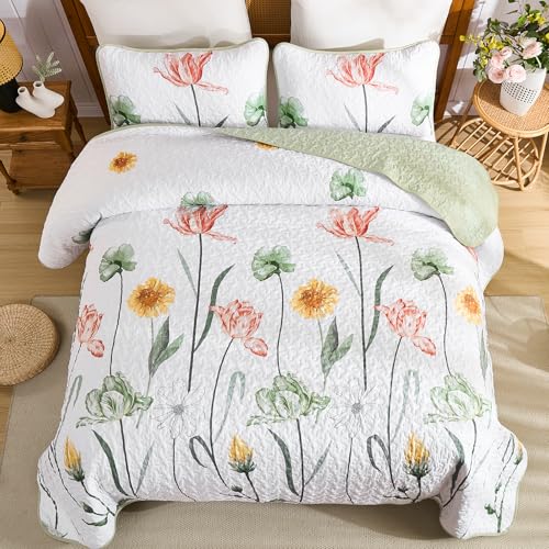 Sage Green Floral Quilt Set - Full Size 3-Piece Bedspread Coverlet Set