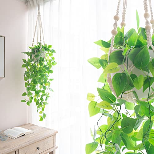 Artificial Hanging Pothos Plant with Macrame Hanger & Pot for Indoor Decor