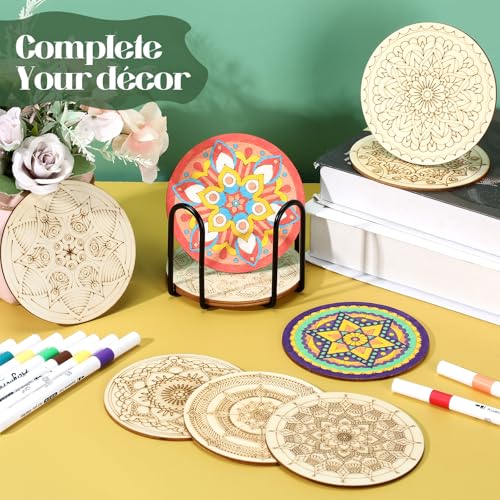 Reallnaive Mandala Wooden Coaster Painting Kit - 45 Pcs DIY Art Set with Markers & Cork Mats