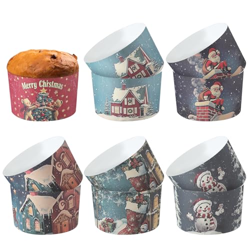 Bokon 12 Pcs 12oz Christmas Panettone Molds - Non-Stick Paper Cups, Six Styles (2Each)