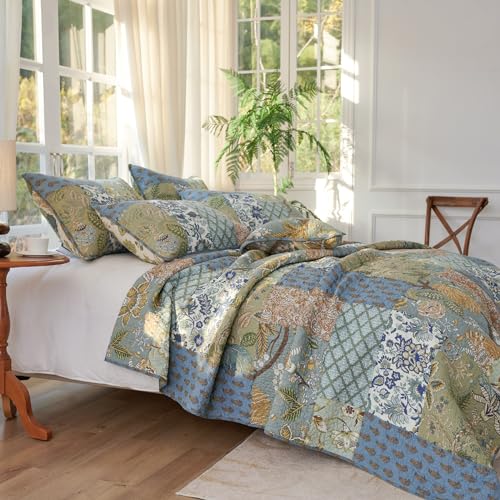 Secgo Queen Comforter Set 100% Cotton Sage Bedspread with Pillow Shams - Reversible Lightweight Bedding, 90x98 Inches