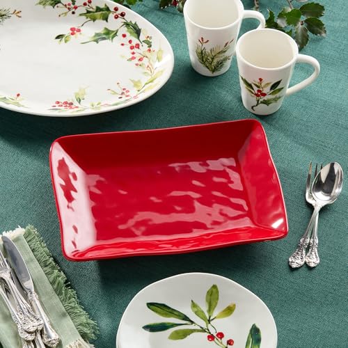 Red Christmas Rectangular Stoneware Serving Platter for Holiday Appetizers
