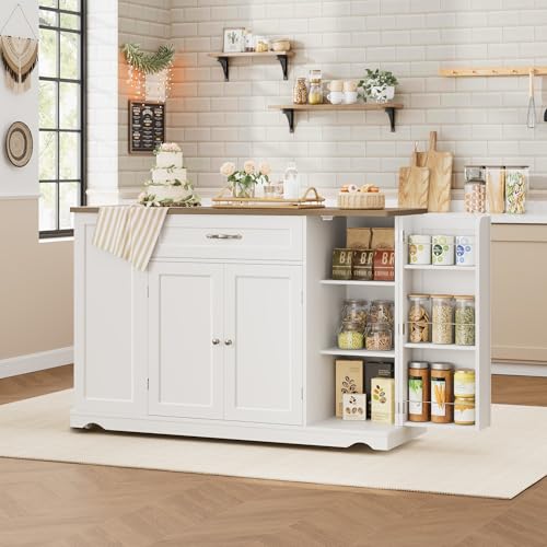 47-Inch Rolling Kitchen Island Cart with Storage Drawers & Shelves - White