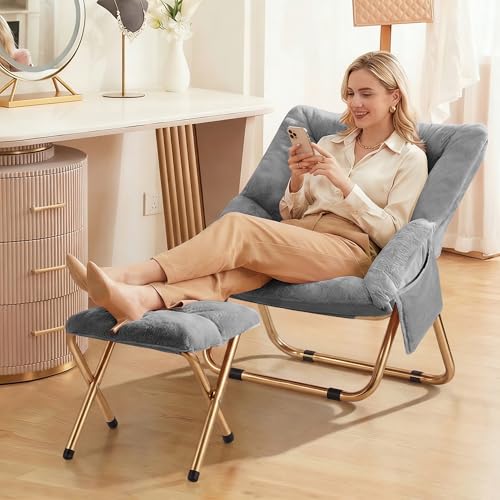 Foldable Faux Fur Saucer Chair, Oversized Plush Lounge Chair for Bedroom