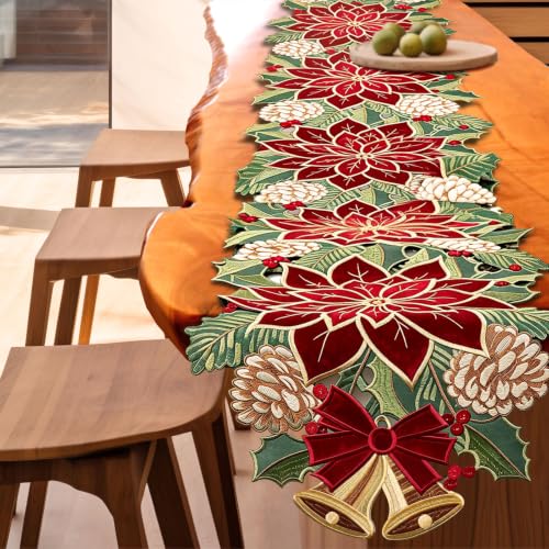 Ritgssi Christmas Tree Table Runner 14x72 in Red Floral Embroidery