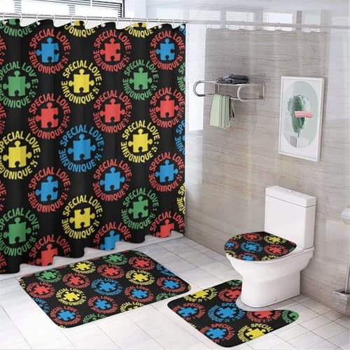 Autism Awareness Puzzle Heart 4-Piece Shower Curtain & Bath Mat Set