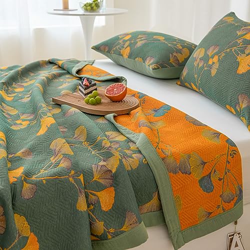 100% Cotton Jacquard Quilt - Floral Ginkgo Leaves Print, Reversible Bedspread for Full/Queen Beds (78"x94")