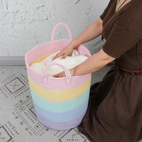 Rainbow Woven Cotton Rope Laundry Basket & Tall Nursery Storage Hamper