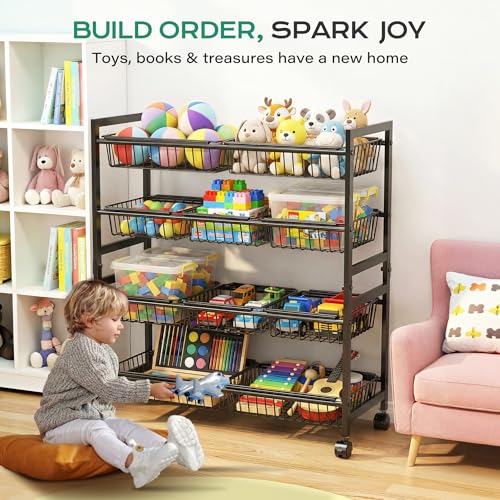 4-Tier Rolling Snack Cart with 10 Removable Baskets, Metal Pantry Organizer