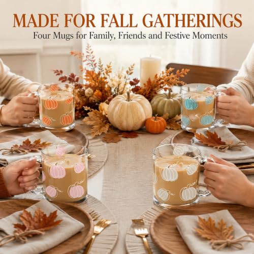 Pumpkin Glass Coffee Mug Set of 4 - 12oz Fall Thanksgiving Decor