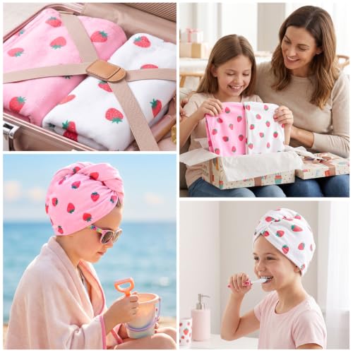 Kids Microfiber Hair Towel Wrap 2Pack Pink White Strawberry - Fast Dry Turban for Girls
