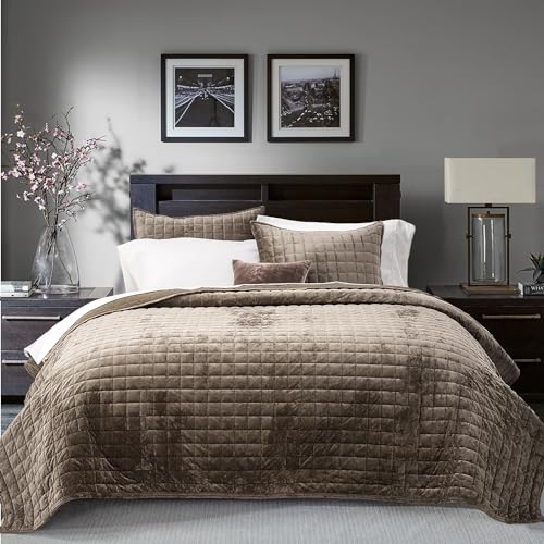 RECYCO King Size Velvet Quilt Set - Mocha Brown Bedspread Coverlet with 2 Shams