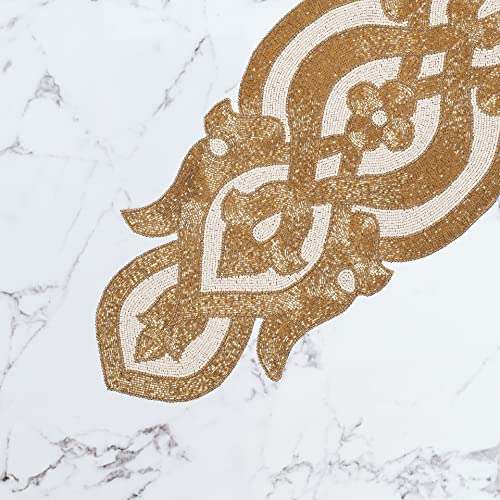 Lightnpro Hand Beaded Table Runner 13x36 Infinity Gold Ivory | Handmade Satin Backing