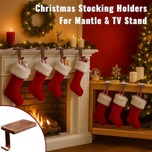 Btanadi 6 Pack Copper Metal Christmas Stocking Holders - Weighted Mantle Hangers with Non-Slip Pads