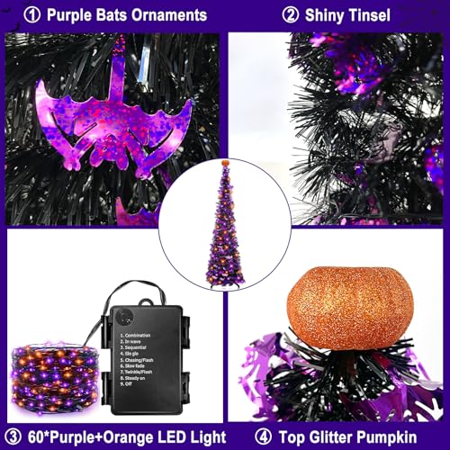 6ft Lighted Pop-Up Halloween Tree with 60 LED Lights & Bat Sequins