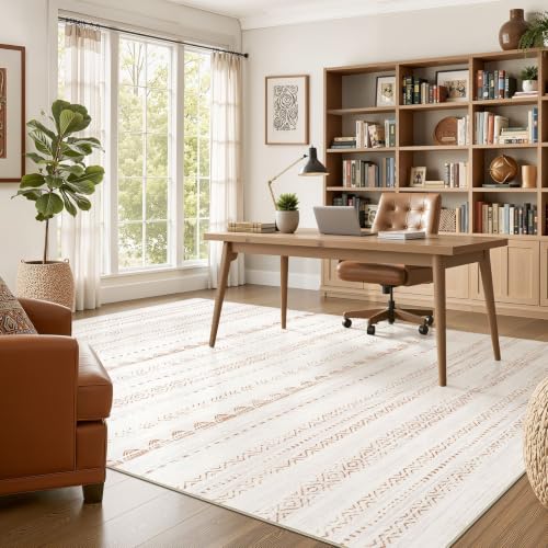 5x7 Boho Moroccan Area Rug - Machine Washable Non-Slip Carpet (Beige/Brown)