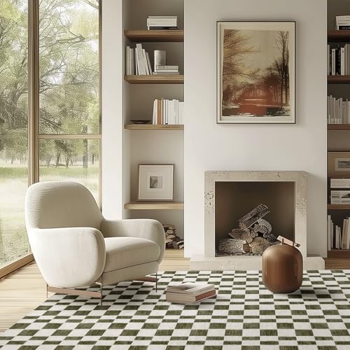 EverGrace 5' x 7' Olive Green Checkered Area Rug - Soft Faux Wool, Washable