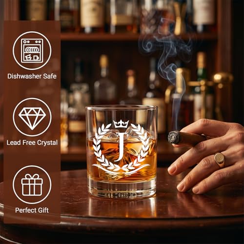Personalized Whiskey Glass Gift Set with Custom Initial J - Vintage Wooden Barrel, Chilling Stones & Coaster