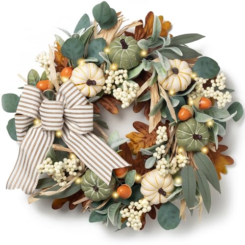 20-Inch Lighted Fall Wreath for Front Door with Timer and Pumpkins