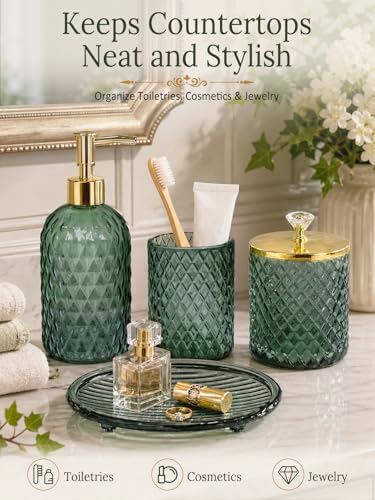4-Piece Sage Green Glass Bathroom Accessory Set with Soap Dispenser