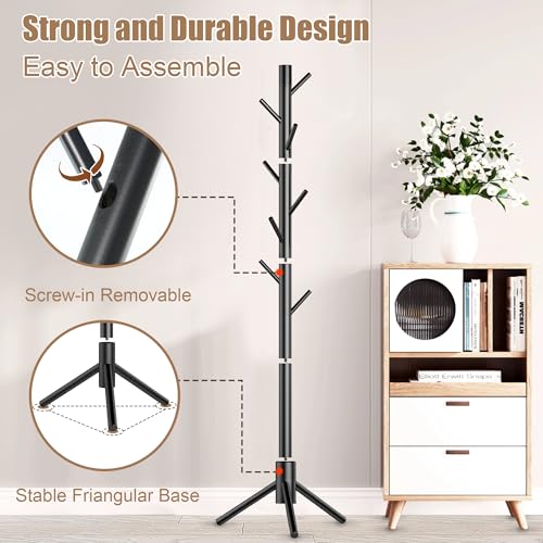Wooden Coat Rack Stand with 8 Hooks - Adjustable Freestanding Coat Tree for Entryway, Bedroom, Office