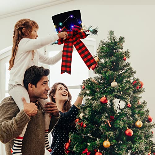 Jetec Christmas Tree Topper Hat Buffalo Plaid Bow with Lights (Black Hat, Red & Black Plaid) for Xmas Tree