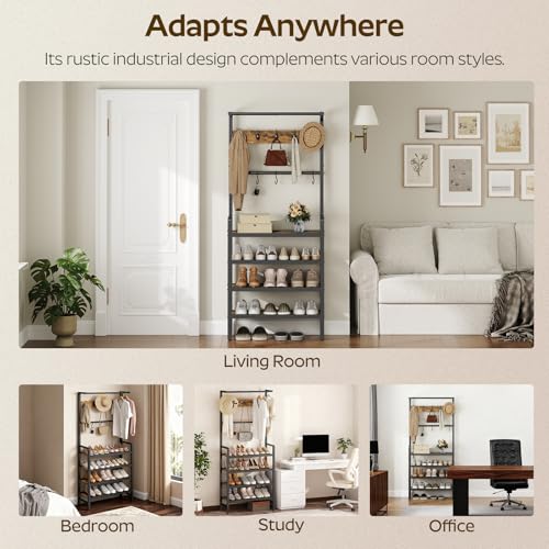 Industrial Hall Tree with 4-Tier Shoe Rack and 10 Hooks - Entryway Storage