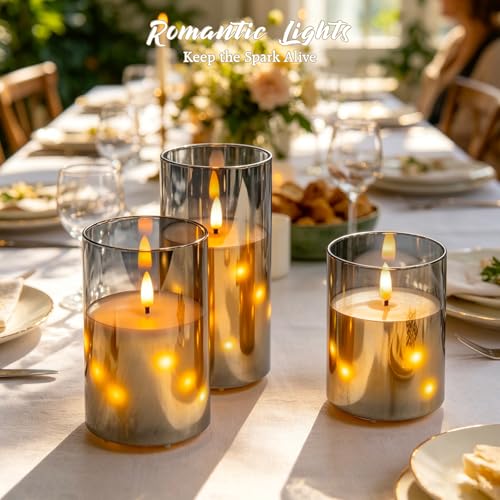 Rechargeable Glass Flameless Candles with Remote & Timer, 3D Wick, Grey-Embedded Fairy Lights, Real Wax 3-Pack