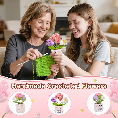 Handmade Crochet Flower Pot Gift for Grandma with Sentiment Card
