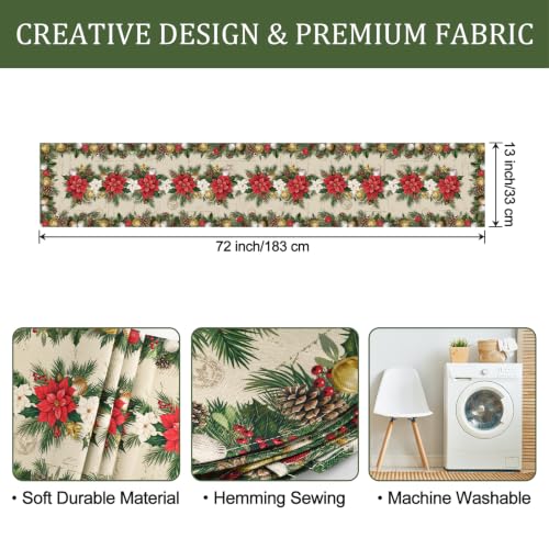 Bonhause Christmas Poinsettia Table Runner 13x72 Inch Holiday Decor, Red & Green