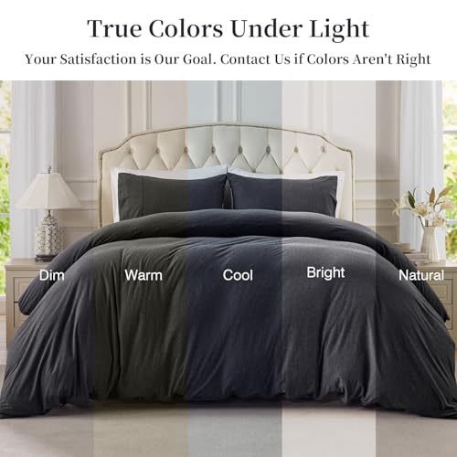 100% Cotton Jersey Knit Queen Duvet Cover Set - Heather Charcoal Grey