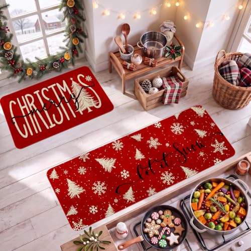 Christmas Kitchen Mats Set of 2 with Tree & Snowflake on Red—Non-Slip, 17x30 & 17x47 in