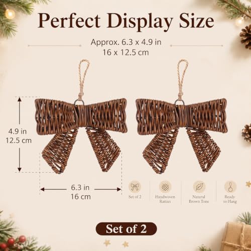 Rustic Christmas Rattan Woven Bow Ornaments - Set of 2, 6.3x4.9 inches