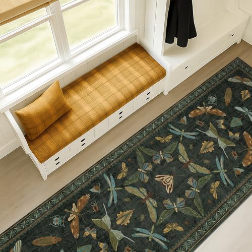 Dark Green 2'6"x10' Runner Rug, Washable Non-Slip Vintage Insect Hallway Carpet